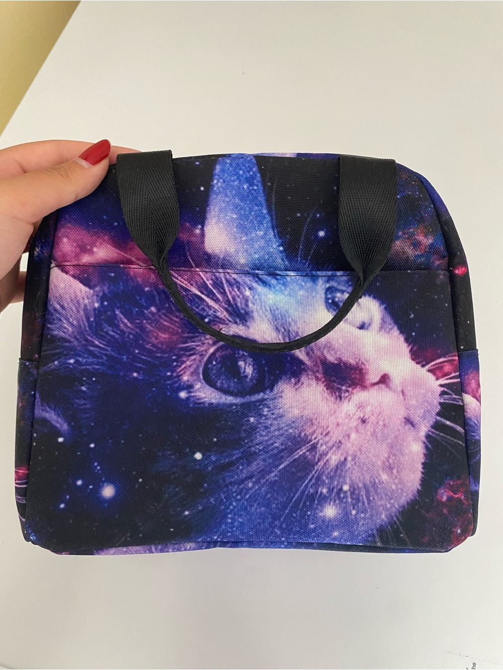 Amazon Purple and Blue Galaxy Cat lunch bag with Black Handles